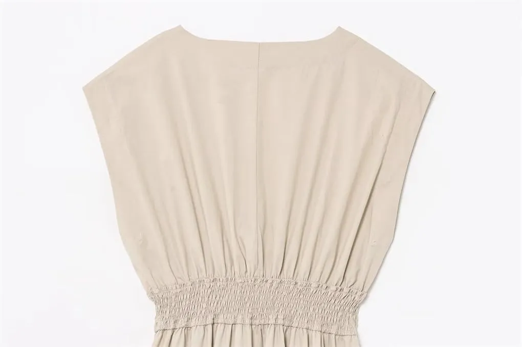 Women's Sleeveless V-Neck Waist Pleated Midi Dress