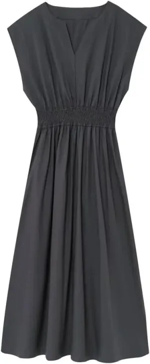 Women's Sleeveless V-Neck Waist Pleated Midi Dress