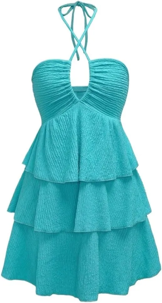 Women's Solid Halter Neck Tie Waist Ruffle Hem Elegant A-Line Dress Outfit Vacation Backless Fashion Short Dresses