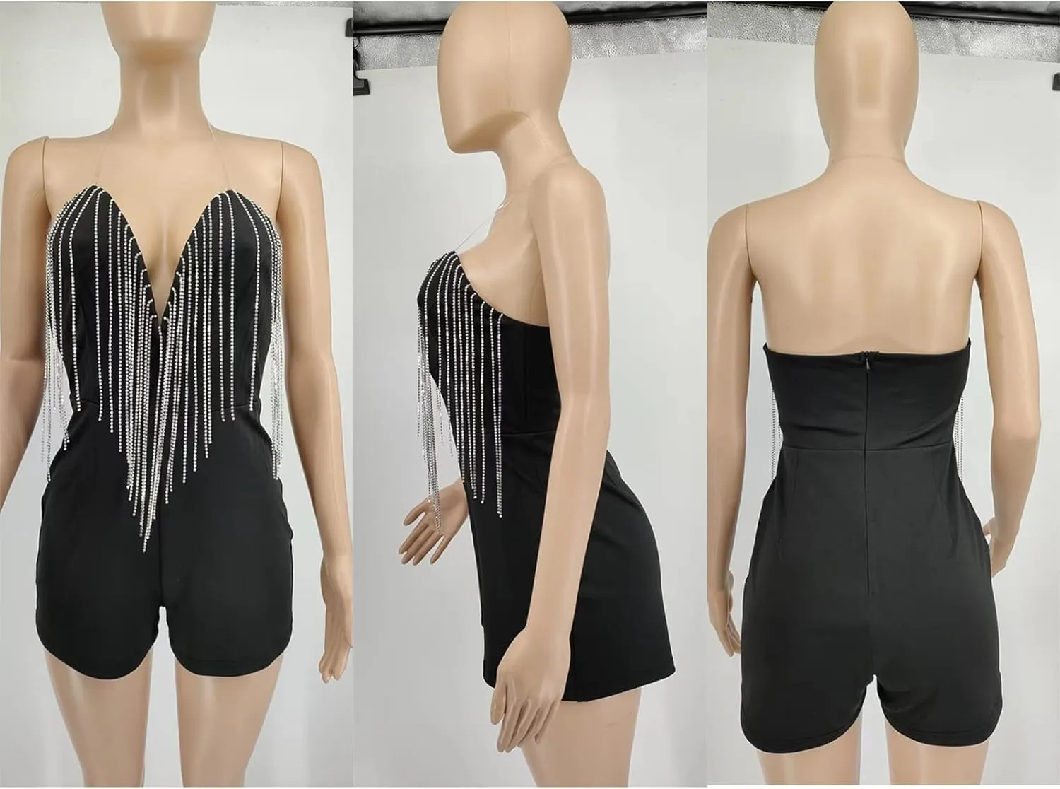 Women's Strapless V Neck Rhinestone Tassel Tube Top One Piece Shorts Romper Jumpsuits