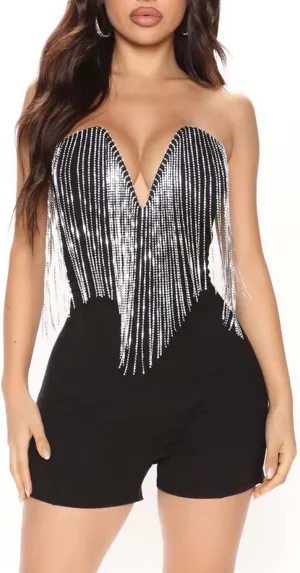 Women's Strapless V Neck Rhinestone Tassel Tube Top One Piece Shorts Romper Jumpsuits