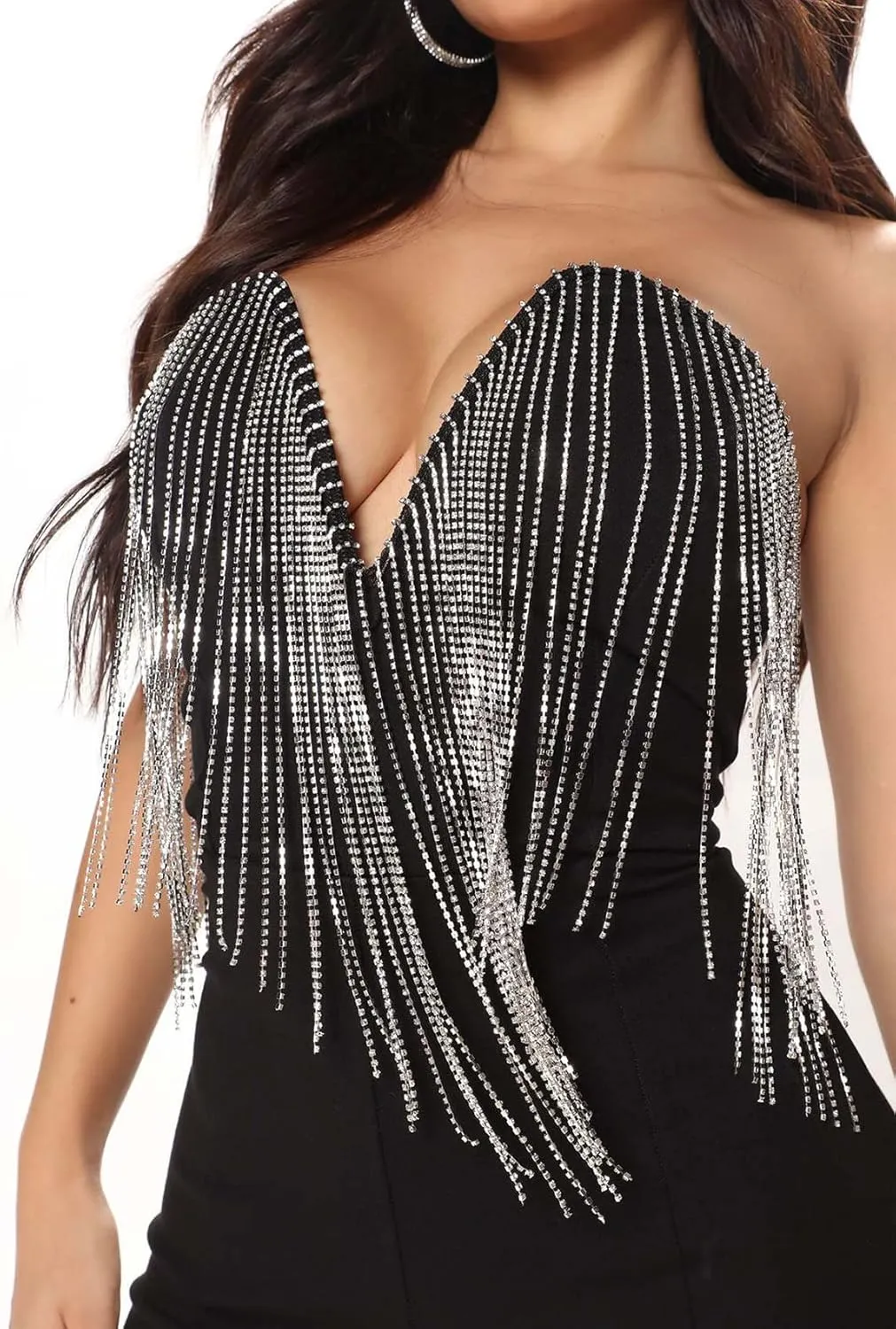 Women's Strapless V Neck Rhinestone Tassel Tube Top One Piece Shorts Romper Jumpsuits