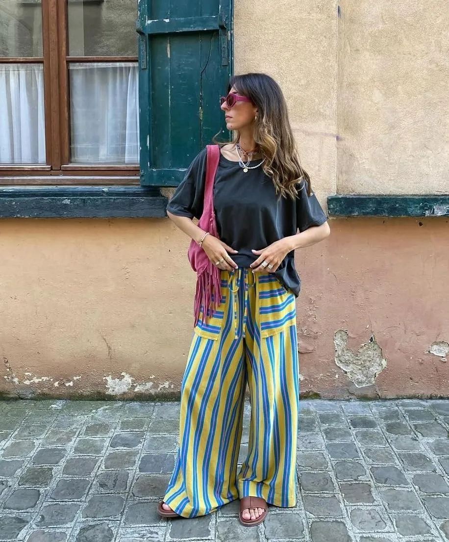 Womens Striped Wide Leg Pants Palazzo Pants Drawstring High Waist Lounge Trousers Casual Comfy Pants with Pockets