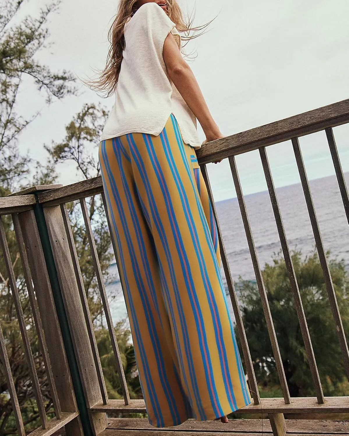 Womens Striped Wide Leg Pants Palazzo Pants Drawstring High Waist Lounge Trousers Casual Comfy Pants with Pockets