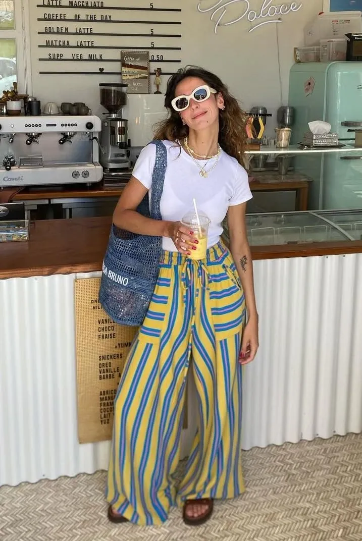 Womens Striped Wide Leg Pants Palazzo Pants Drawstring High Waist Lounge Trousers Casual Comfy Pants with Pockets