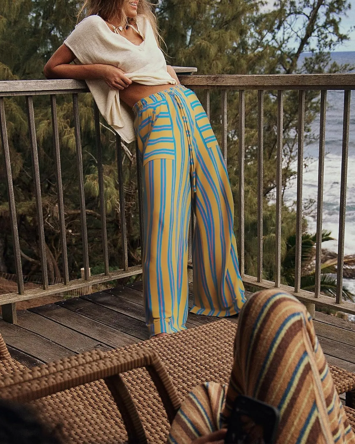 Womens Striped Wide Leg Pants Palazzo Pants Drawstring High Waist Lounge Trousers Casual Comfy Pants with Pockets
