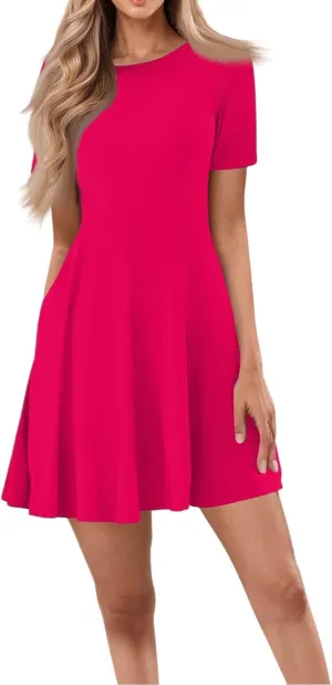 Womens Summer Dresses, Mini Shirt Dress Short Sleeve Aline Round Neck Plus Size Beach Dresses with Pockets
