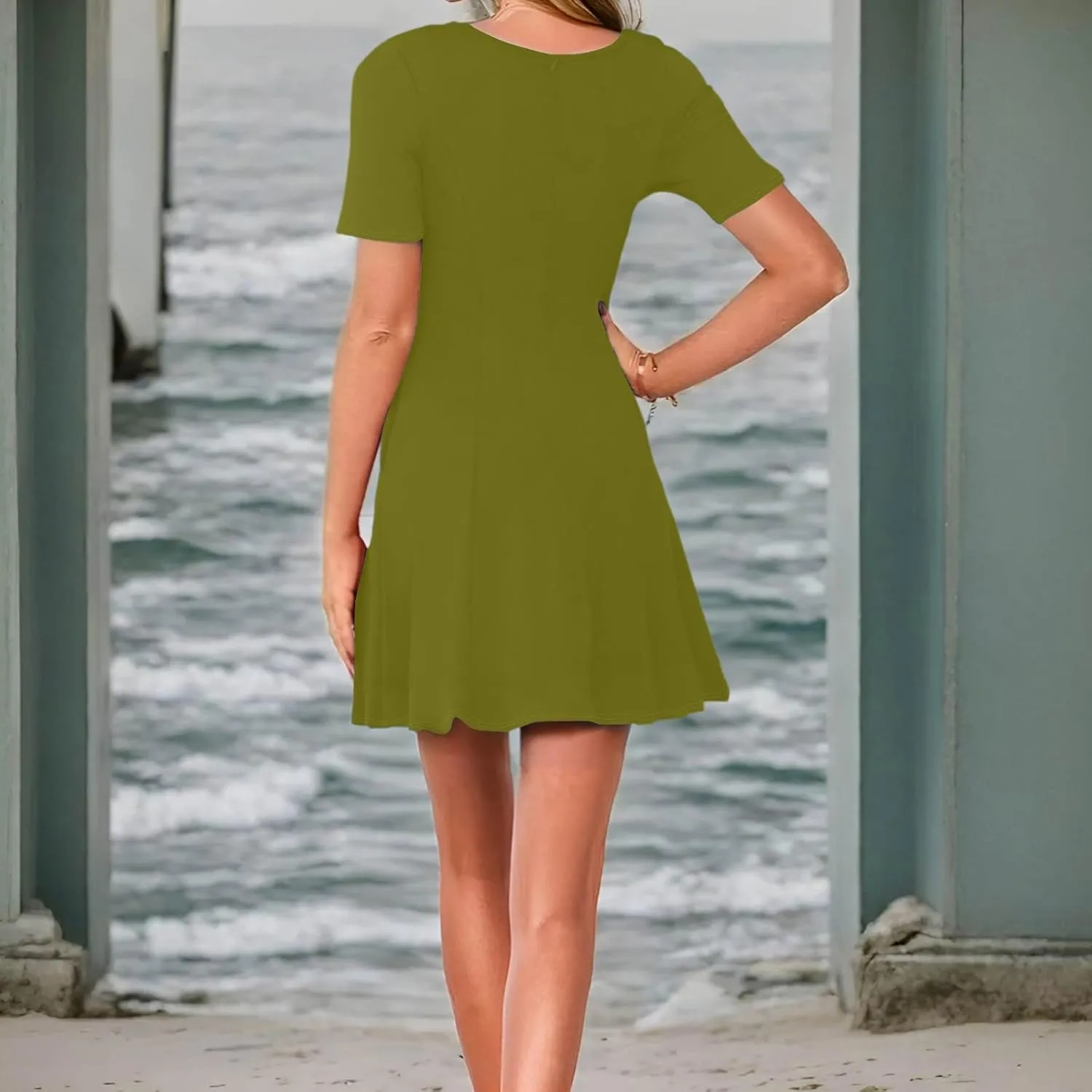 Womens Summer Dresses, Mini Shirt Dress Short Sleeve Aline Round Neck Plus Size Beach Dresses with Pockets