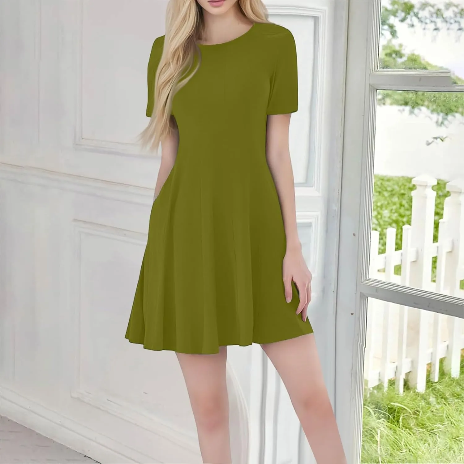 Womens Summer Dresses, Mini Shirt Dress Short Sleeve Aline Round Neck Plus Size Beach Dresses with Pockets