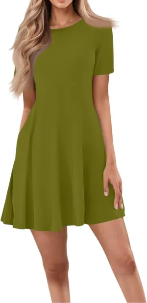 Womens Summer Dresses, Mini Shirt Dress Short Sleeve Aline Round Neck Plus Size Beach Dresses with Pockets