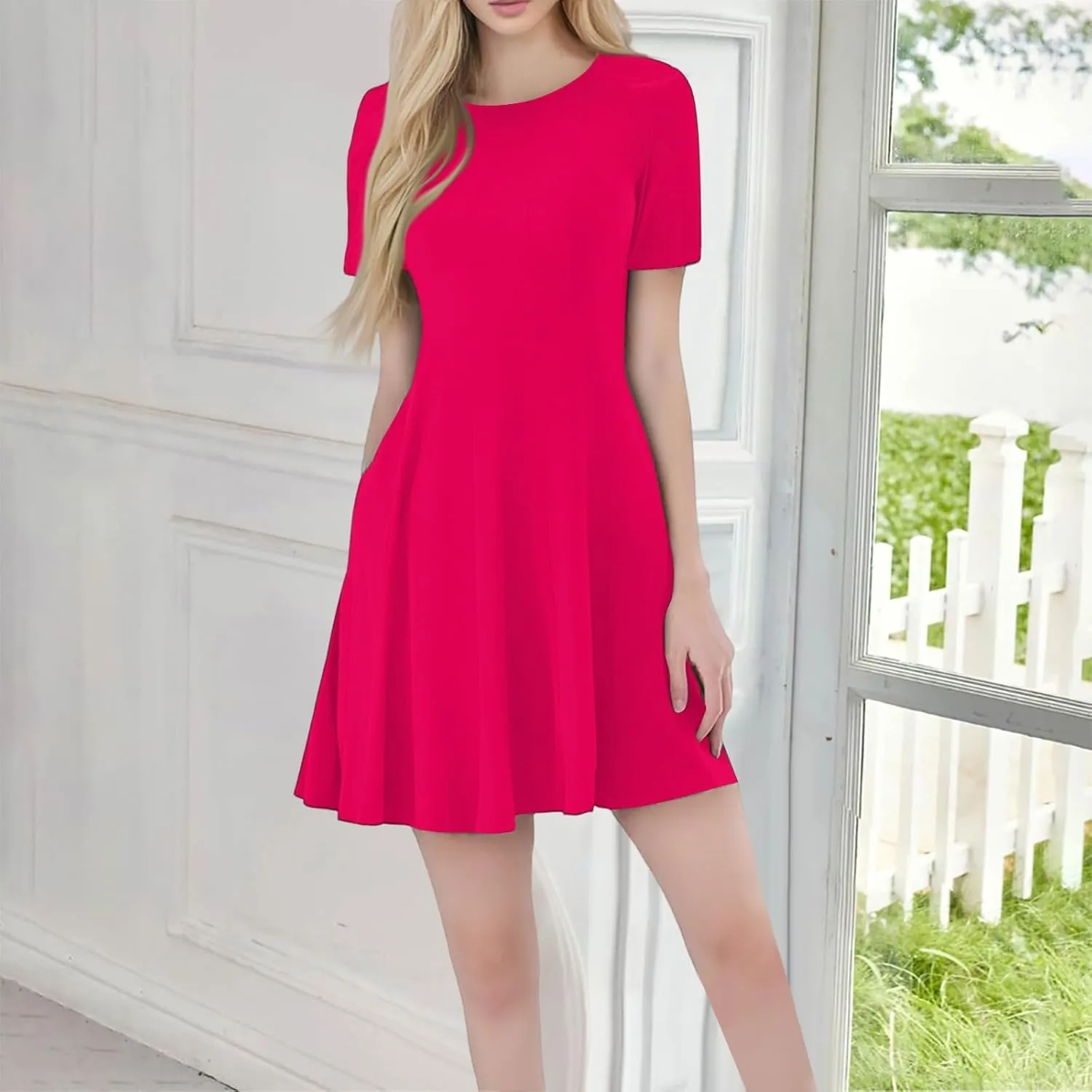 Womens Summer Dresses, Mini Shirt Dress Short Sleeve Aline Round Neck Plus Size Beach Dresses with Pockets
