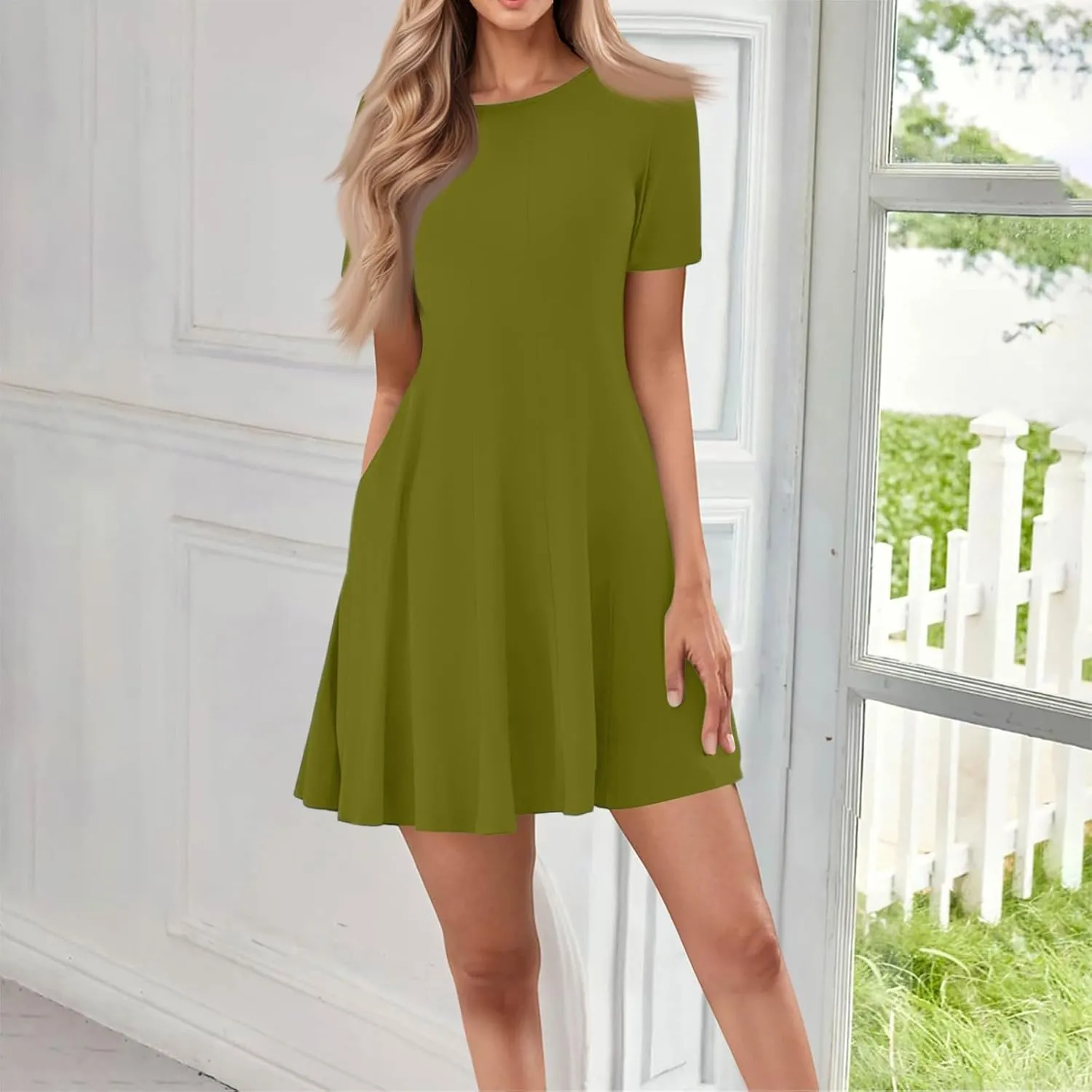 Womens Summer Dresses, Mini Shirt Dress Short Sleeve Aline Round Neck Plus Size Beach Dresses with Pockets