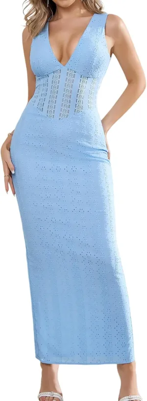 Women's Summer Maxi Dress Sexy V Neck Back Slit Bodycon Formal Party Long Dresses for 2025