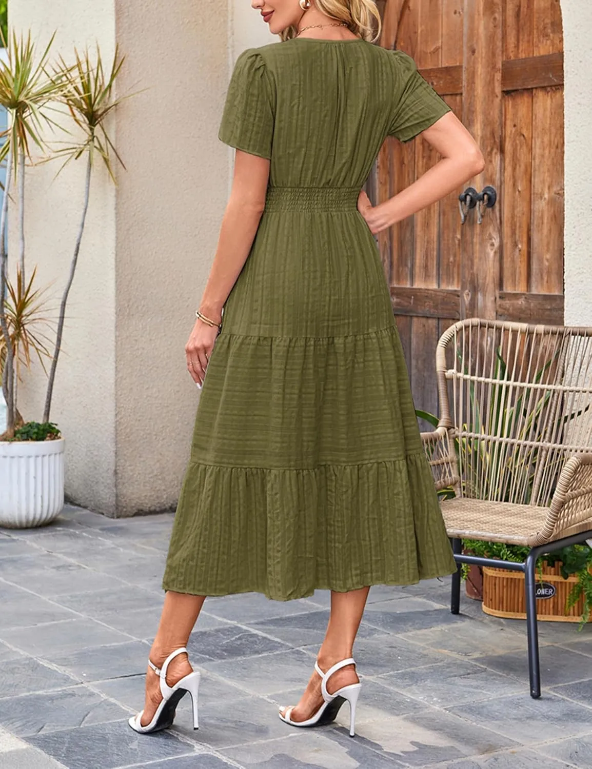 Womens Summer Midi Maxi Dresses Casual V Neck Short Sleeve Flowy A Line Boho Beach Dress with Pockets