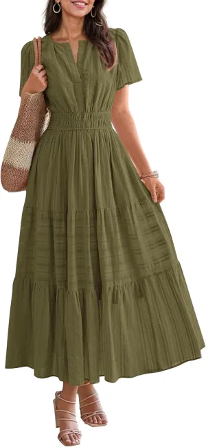Womens Summer Midi Maxi Dresses Casual V Neck Short Sleeve Flowy A Line Boho Beach Dress with Pockets