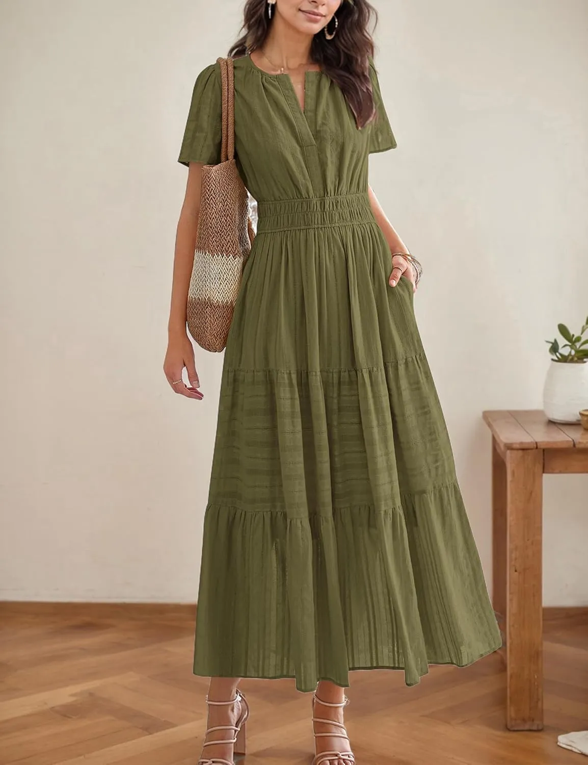 Womens Summer Midi Maxi Dresses Casual V Neck Short Sleeve Flowy A Line Boho Beach Dress with Pockets