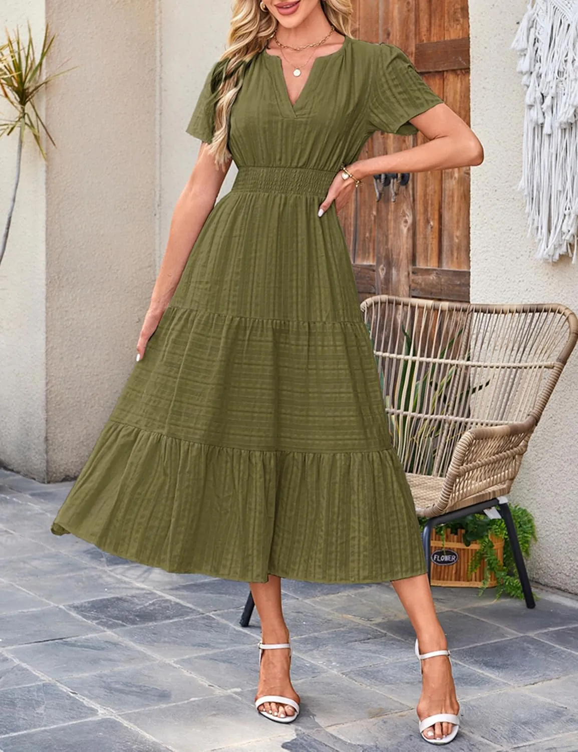 Womens Summer Midi Maxi Dresses Casual V Neck Short Sleeve Flowy A Line Boho Beach Dress with Pockets