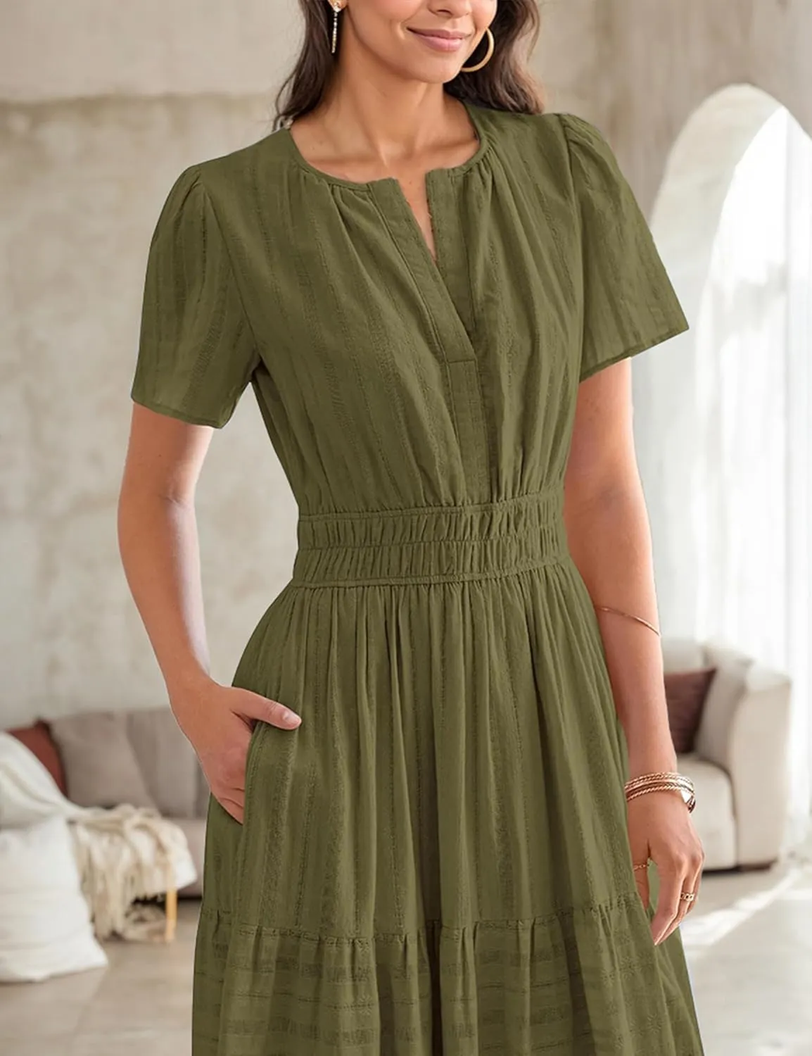 Womens Summer Midi Maxi Dresses Casual V Neck Short Sleeve Flowy A Line Boho Beach Dress with Pockets