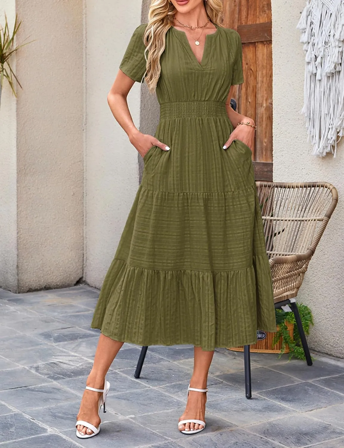 Womens Summer Midi Maxi Dresses Casual V Neck Short Sleeve Flowy A Line Boho Beach Dress with Pockets