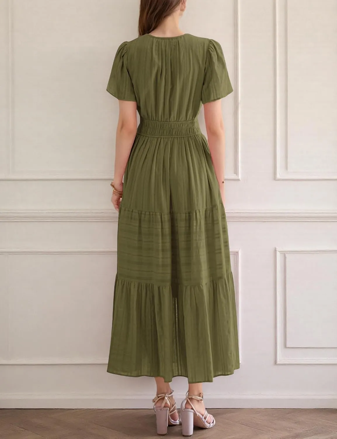 Womens Summer Midi Maxi Dresses Casual V Neck Short Sleeve Flowy A Line Boho Beach Dress with Pockets