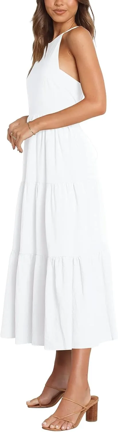 Women's Summer Sexy Halter Neck Spaghetti Strap Open Back Maxi Dress Tiered Long Beach Sun Dresses