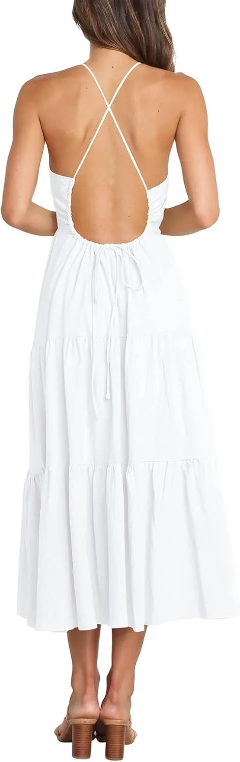 Women's Summer Sexy Halter Neck Spaghetti Strap Open Back Maxi Dress Tiered Long Beach Sun Dresses