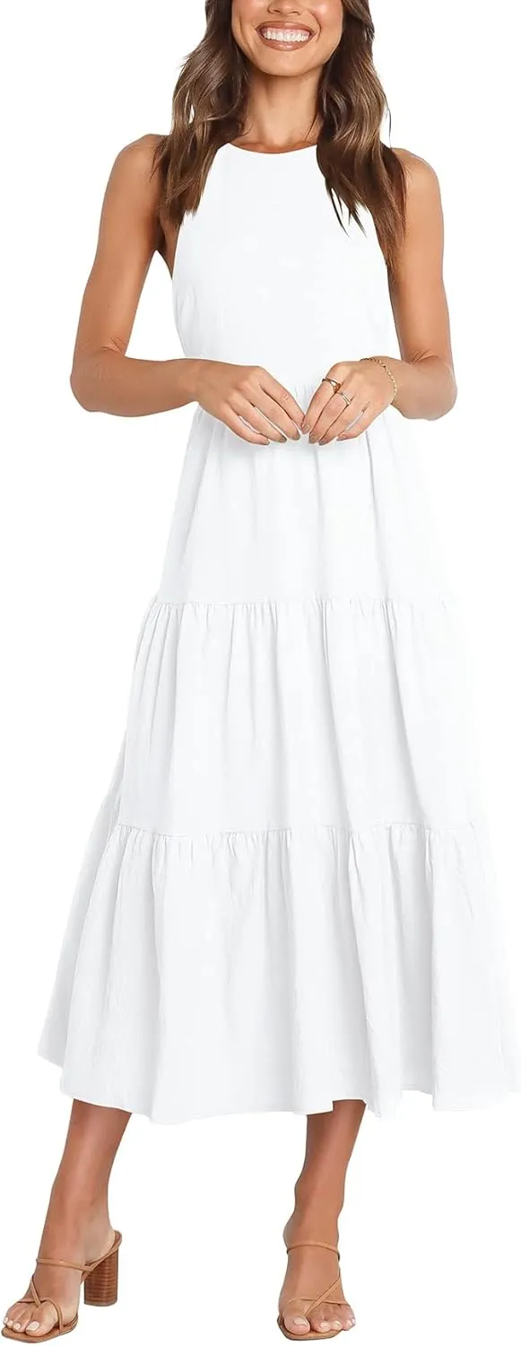 Women's Summer Sexy Halter Neck Spaghetti Strap Open Back Maxi Dress Tiered Long Beach Sun Dresses