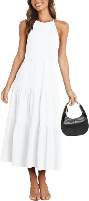 Women's Summer Sexy Halter Neck Spaghetti Strap Open Back Maxi Dress Tiered Long Beach Sun Dresses