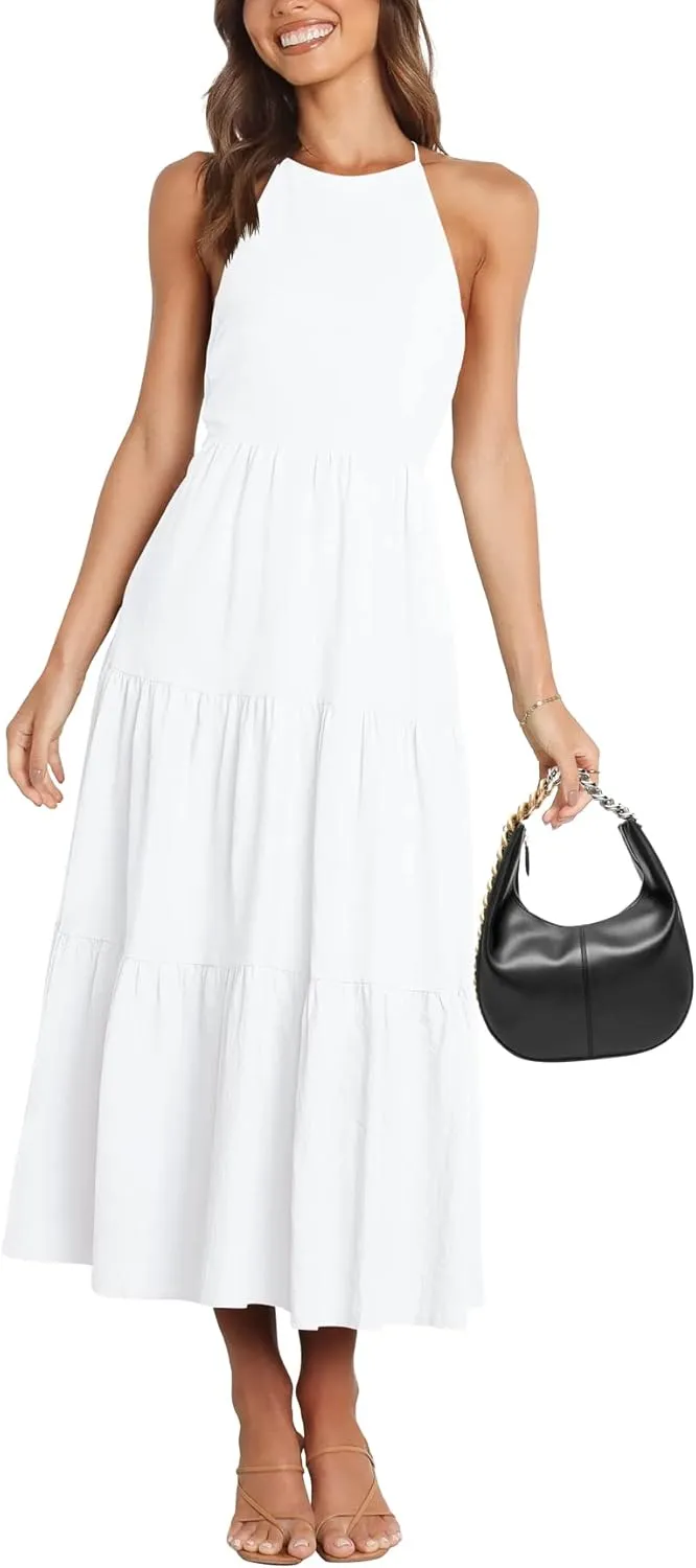 Women's Summer Sexy Halter Neck Spaghetti Strap Open Back Maxi Dress Tiered Long Beach Sun Dresses