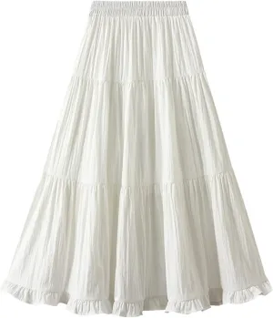 Women's Tiered Pleated Midi Skirt Summer High Waist Flowy A-Line Skirts Bohemian Ruffle Casual Vacation Beach Skirt