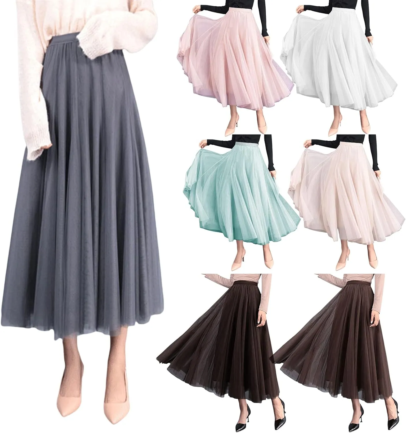 Women's Tulle Midi Skirt Elastic High Waist Layered Pleated Mesh Flowy A-Line Prom Party Long Tutu Skirts