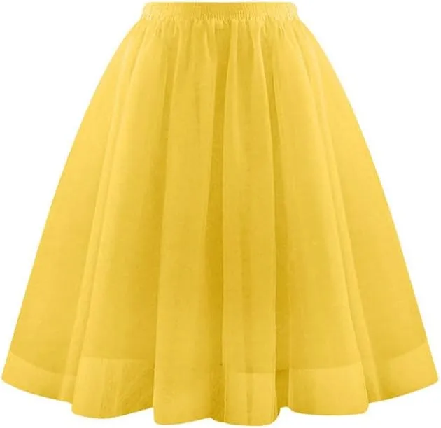 Womens Tulle Skirt Spring Summer Elastic High Waist Pleated Mesh Midi Tutu Skirts Flowy A-Line Party Short Skirts