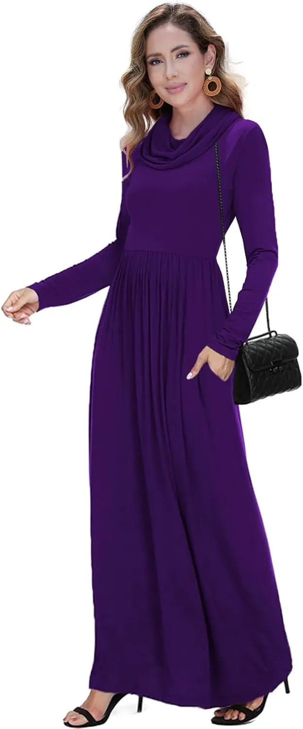 Women's Winter Long Sleeve Casual Maxi Dress Cowl Neck Empire Waist Plain Loose Long Dress with Pockets