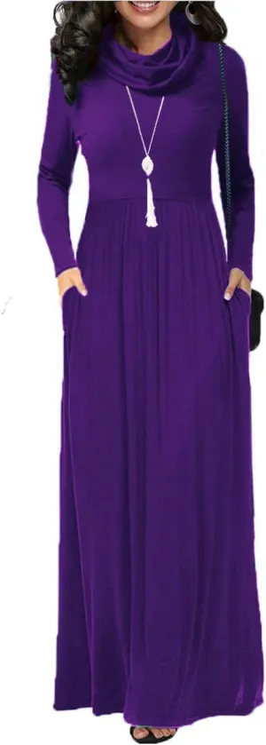 Women's Winter Long Sleeve Casual Maxi Dress Cowl Neck Empire Waist Plain Loose Long Dress with Pockets