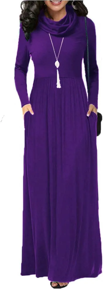 Women's Winter Long Sleeve Casual Maxi Dress Cowl Neck Empire Waist Plain Loose Long Dress with Pockets