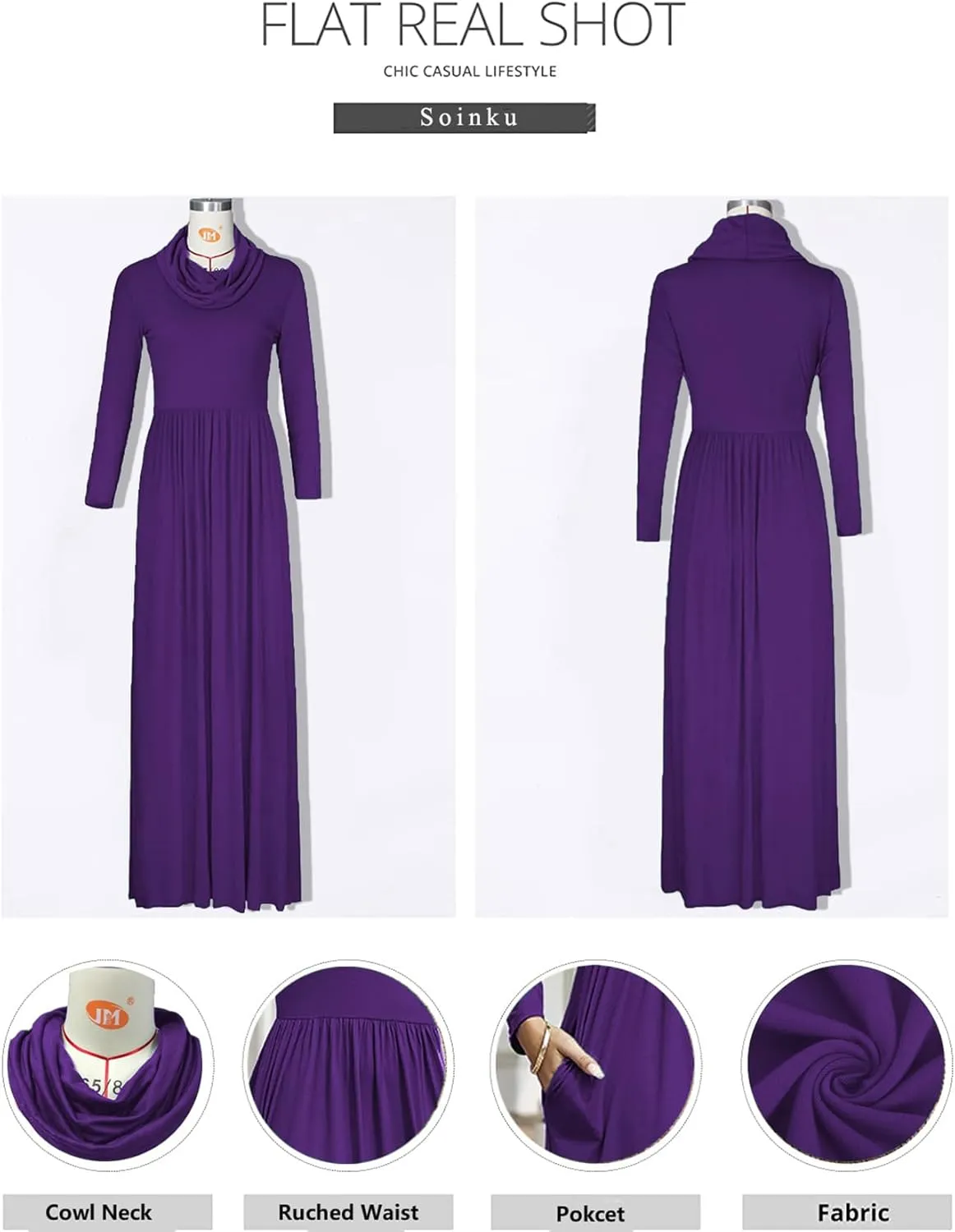 Women's Winter Long Sleeve Casual Maxi Dress Cowl Neck Empire Waist Plain Loose Long Dress with Pockets