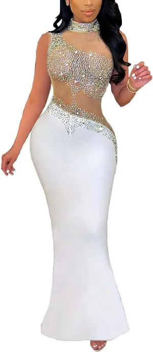 XFT Women's Prom Wedding Slim Fit Rhinestone Dress Sexy Elegant Backless Party Club Evening Dress