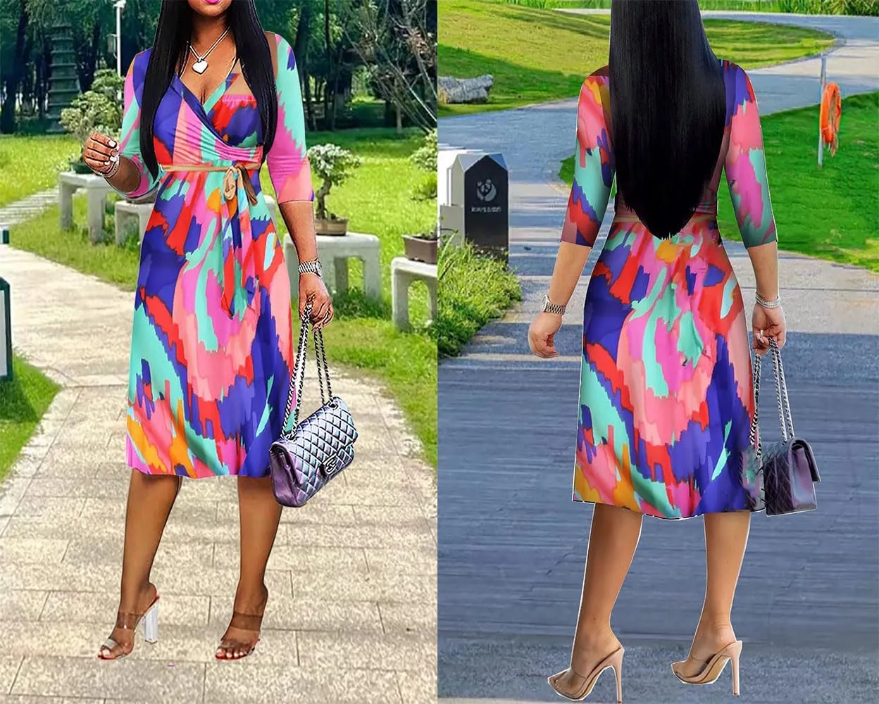 XFT Women's Sexy Casual Deep V-Neck Dress Large Geometric Print 3/4 Sleeve Party Wrap Dress