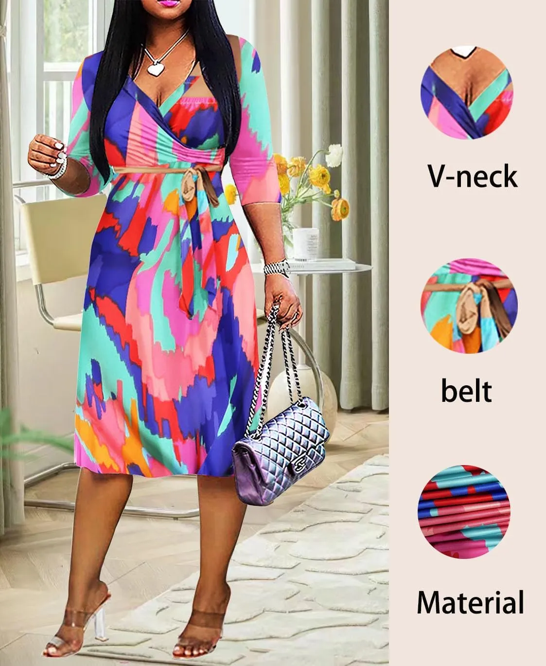 XFT Women's Sexy Casual Deep V-Neck Dress Large Geometric Print 3/4 Sleeve Party Wrap Dress