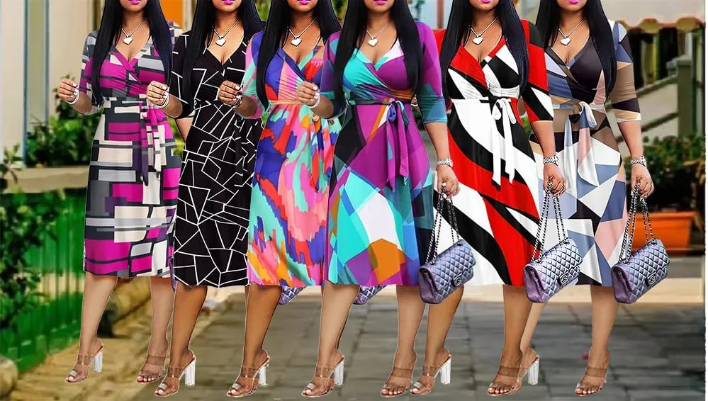 XFT Women's Sexy Casual Deep V-Neck Dress Large Geometric Print 3/4 Sleeve Party Wrap Dress