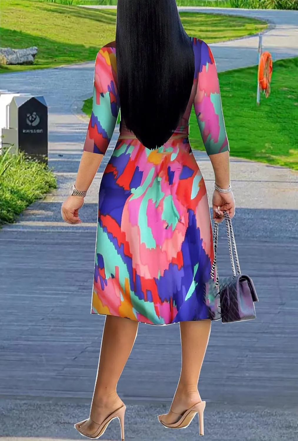 XFT Women's Sexy Casual Deep V-Neck Dress Large Geometric Print 3/4 Sleeve Party Wrap Dress
