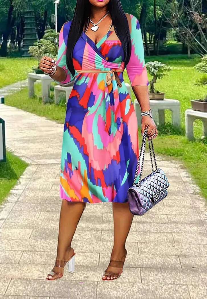 XFT Women's Sexy Casual Deep V-Neck Dress Large Geometric Print 3/4 Sleeve Party Wrap Dress