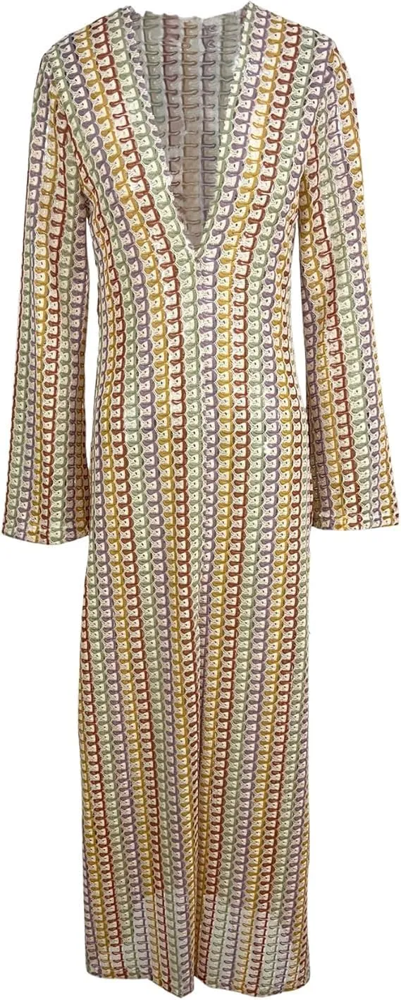Yimoon Womens Striped Maxi Dress Long Knit Beach Dresses Loose Fit Sexy Summer Contrast Color Side Slit Hollow Out Sundress