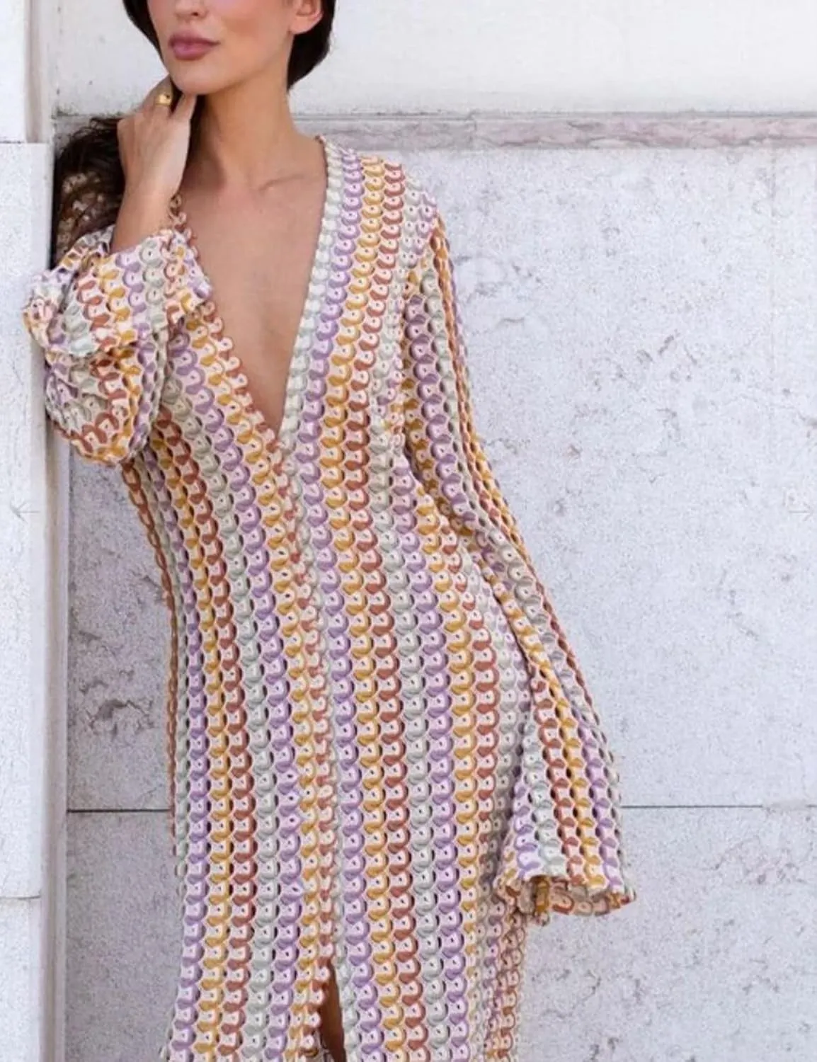 Yimoon Womens Striped Maxi Dress Long Knit Beach Dresses Loose Fit Sexy Summer Contrast Color Side Slit Hollow Out Sundress