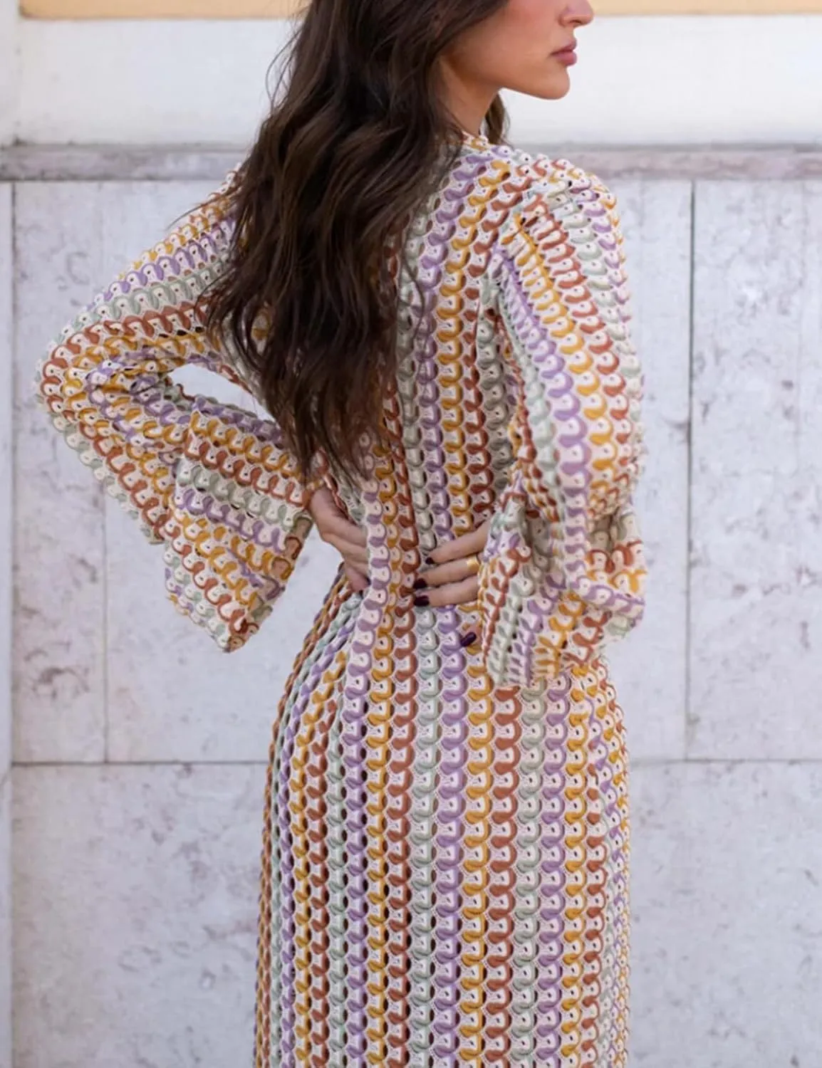 Yimoon Womens Striped Maxi Dress Long Knit Beach Dresses Loose Fit Sexy Summer Contrast Color Side Slit Hollow Out Sundress