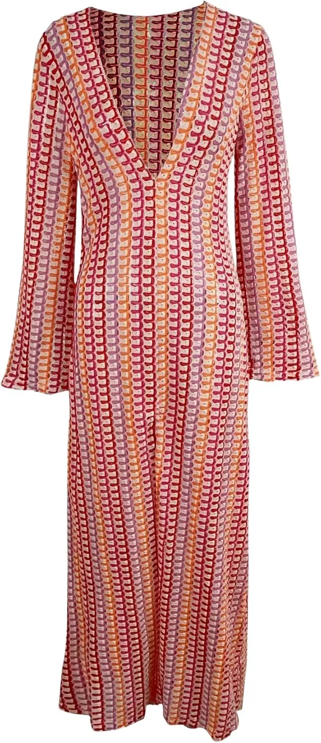 Yimoon Womens Striped Maxi Dress Long Knit Beach Dresses Loose Fit Sexy Summer Contrast Color Side Slit Hollow Out Sundress
