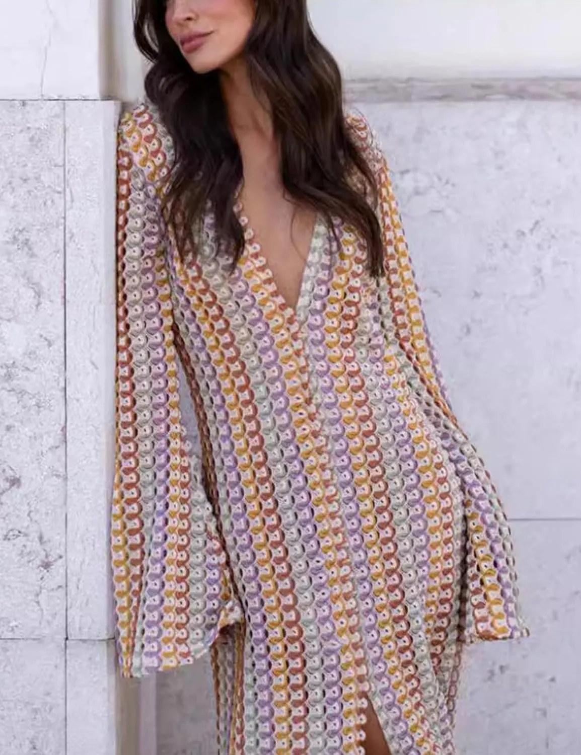Yimoon Womens Striped Maxi Dress Long Knit Beach Dresses Loose Fit Sexy Summer Contrast Color Side Slit Hollow Out Sundress
