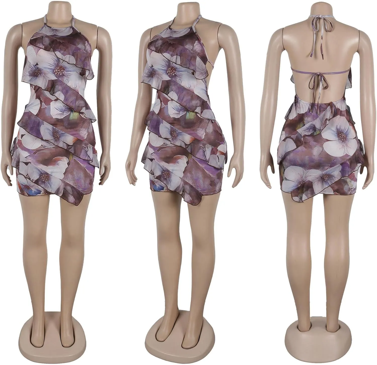 Yuopeid Women's Sexy Halter Neck Backless Printed Mini Dress Floral Layered Ruffle Bodycon Short Party Dress