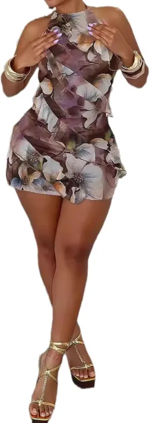 Yuopeid Women's Sexy Halter Neck Backless Printed Mini Dress Floral Layered Ruffle Bodycon Short Party Dress