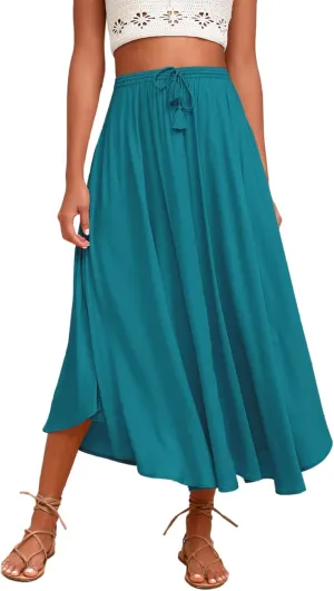 Zeagoo Womens Flowy Pleated Skirts A Line Elastic High Waisted Midi Skirt Boho Casual Long Skirts Brown Leaf Print XXL